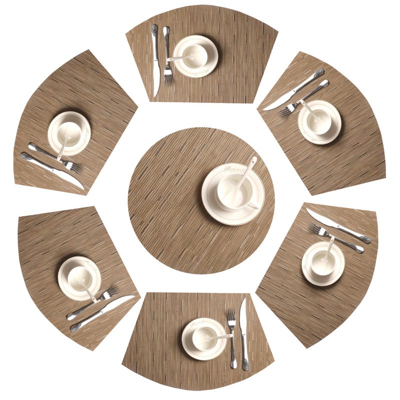 SHACOS Round Table Placemats Set of 7 Woven Vinyl Wedge Placemats with Centerpiece Round Table Mat Heat Resistant Wipe Clean (7, Tan) - Image 1